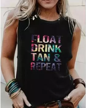 Майка больших размеров с буквенным принтом, повседневная майка без рукавов с круглым вырезом на лето, женская одежда больших размеров 1XL чёрный