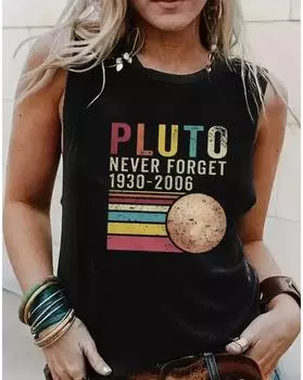 Майка больших размеров с буквенным принтом Плутона, повседневная майка без рукавов с круглым вырезом на лето, женская одежда больших размеров 1XL чёрный