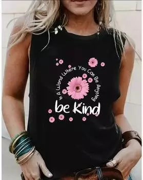 Майка больших размеров с цветочным принтом и круглым вырезом, повседневная майка без рукавов на лето, женская одежда больших размеров 1XL чёрный