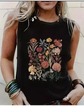 Майка больших размеров с цветочным принтом и круглым вырезом, повседневная майка без рукавов на лето, женская одежда больших размеров 1XL чёрный