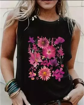 Майка больших размеров с цветочным принтом и круглым вырезом, повседневная майка без рукавов на лето, женская одежда больших размеров 1XL чёрный