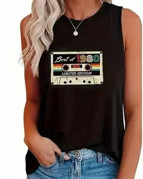 Майка больших размеров с кассетным принтом, повседневная майка без рукавов с круглым вырезом на лето, женская одежда больших размеров 3 продано (31 тыс.+ продано) 1XL чёрный