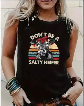 Майка больших размеров с коровьим и буквенным принтом, повседневный топ без рукавов с круглым вырезом на лето, женская одежда больших размеров 1XL чёрный