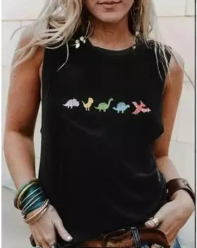 Майка больших размеров с красочным принтом динозавра, повседневный топ без рукавов с круглым вырезом на лето, женская одежда больших размеров 1XL чёрный