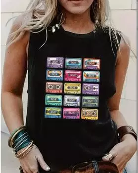 Майка больших размеров с ленточным принтом, повседневная майка без рукавов с круглым вырезом на лето, женская одежда больших размеров 1XL чёрный