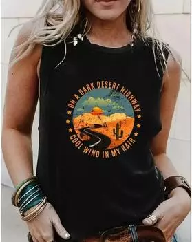 Майка больших размеров с пейзажным принтом и круглым вырезом, повседневная майка без рукавов на лето, женская одежда больших размеров 1XL чёрный