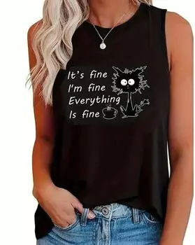 Майка больших размеров с принтом кошек и букв, повседневный топ без рукавов с круглым вырезом на лето, женская одежда больших размеров 1XL чёрный