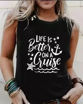 Майка больших размеров с принтом Life Is Better, повседневная майка без рукавов с круглым вырезом на лето, женская одежда больших размеров 1XL чёрный