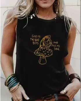 Майка больших размеров с принтом лягушки и гриба, повседневная майка без рукавов с круглым вырезом на лето, женская одежда больших размеров 1XL чёрный