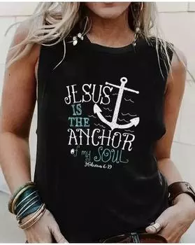 Майка больших размеров с принтом якоря, повседневный топ без рукавов с круглым вырезом для лета и весны, женская одежда больших размеров 1XL чёрный