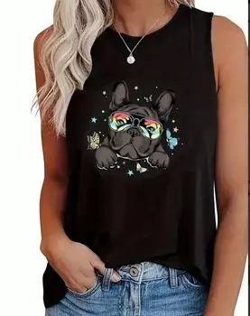 Майка больших размеров с принтом собаки, повседневный топ без рукавов с круглым вырезом на лето, женская одежда больших размеров 1XL чёрный