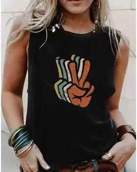 Майка больших размеров с принтом жестов, повседневная майка без рукавов с круглым вырезом на лето, женская одежда больших размеров 1XL чёрный