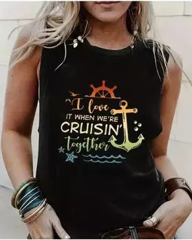Майка больших размеров с якорным и буквенным принтом, повседневный топ без рукавов с круглым вырезом на лето, женская одежда больших размеров 1XL чёрный