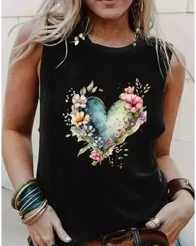 Майка больших размеров с сердечным принтом, повседневная майка без рукавов с круглым вырезом на лето, женская одежда больших размеров 1XL чёрный