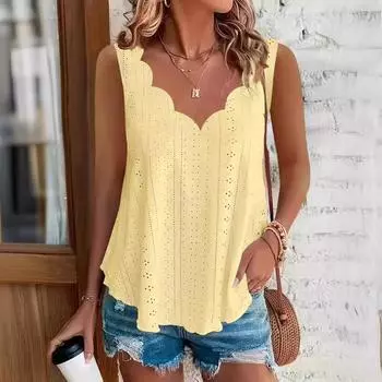 Майка больших размеров с вырезами и вырезами, повседневный топ без рукавов с V-образным вырезом и отделкой фестонами на лето, женская одежда больших размеров
