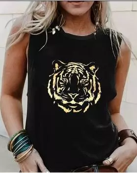 Майка большого размера с принтом тигра, повседневная майка без рукавов с круглым вырезом на лето, женская одежда больших размеров 1XL чёрный