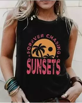 Майка большого размера с принтом «Закаты» и круглым вырезом, повседневная майка без рукавов на лето, женская одежда больших размеров 1XL чёрный