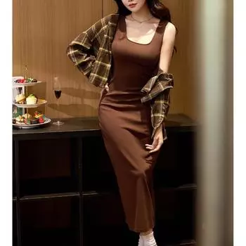 Майка Длинная Юбка Летнее Платье Женское Темперамент Внутри Выше Колена До Щиколотки S кофейный