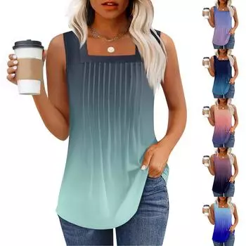 Майка для женщин Летние наряды Без рукавов Блузки с принтом Повседневные свободные рубашки Плиссированные квадратные вырезы L темно-синий