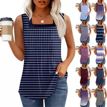 Майка для женщин Летние наряды Без рукавов Блузки с принтом Повседневные свободные рубашки Плиссированные квадратные вырезы L чёрный