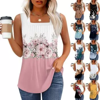 Майка для женщин Летние наряды Без рукавов Блузки с принтом Повседневные свободные рубашки Плиссированные квадратные вырезы L чёрный