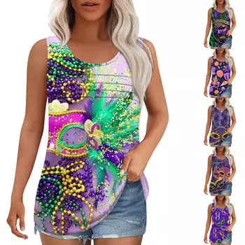 Майка для женщин Летние наряды Без рукавов Блузки с принтом Повседневные свободные рубашки Округлый вырез Складки спереди L темно-зеленого