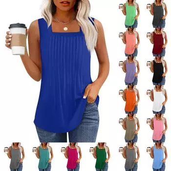 Майка для женщин Летние наряды Без рукавов Блузки с принтом Повседневные свободные рубашки Плиссированные квадратные вырезы L чёрный