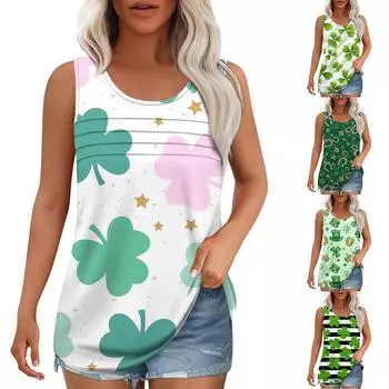 Майка для женщин Летние наряды Без рукавов Блузки с принтом Повседневные свободные рубашки Округлый вырез Складки спереди M