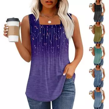 Майка для женщин Летние наряды Без рукавов Блузки с принтом Повседневные свободные рубашки Плиссированные квадратные вырезы L чёрный
