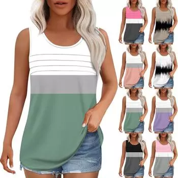 Майка для женщин Летние наряды Без рукавов Блузки с принтом Повседневные свободные рубашки Округлый вырез Складки спереди L чёрный