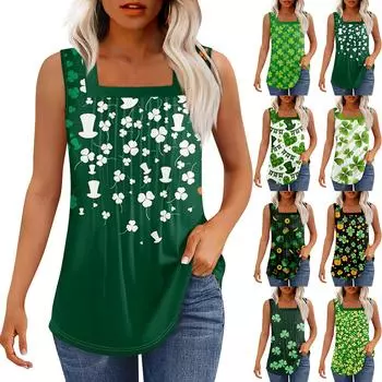 Майка для женщин летние наряды без рукавов St. Блузки с принтом ко Дню Святого Патрика, свободные рубашки в складку, квадратный вырез L армия зеленый