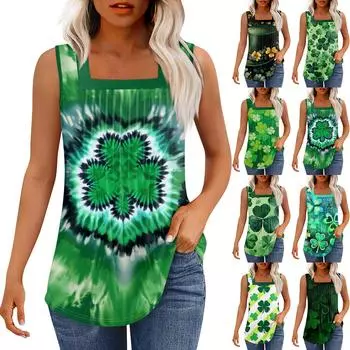 Майка для женщин летние наряды без рукавов St. Блузки с принтом ко Дню Святого Патрика, свободные рубашки в складку, квадратный вырез L армия зеленый