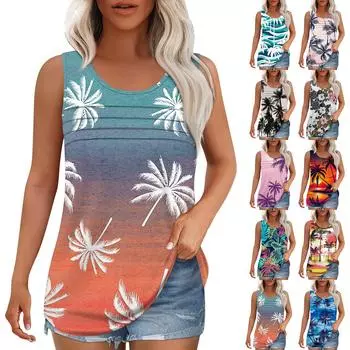 Майка для женщин Летние наряды Без рукавов Блузки с принтом Повседневные свободные рубашки Округлый вырез Складки спереди XXL