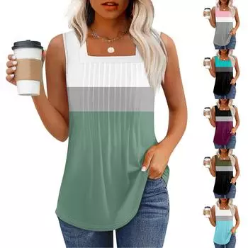 Майка для женщин Летние наряды Без рукавов Блузки с принтом Повседневные свободные рубашки Плиссированные квадратные вырезы XL розовый
