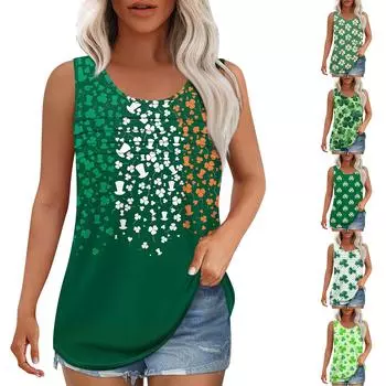 Майка для женщин Летние наряды Без рукавов Блузки с принтом Повседневные свободные рубашки Округлый вырез Складки спереди S