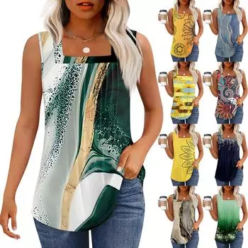 Майка для женщин Летние наряды Без рукавов Блузки с принтом Повседневные свободные рубашки Плиссированные квадратные вырезы L