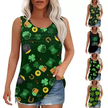 Майка для женщин Летние наряды Без рукавов Блузки с принтом Повседневные свободные рубашки Округлый вырез Складки спереди L