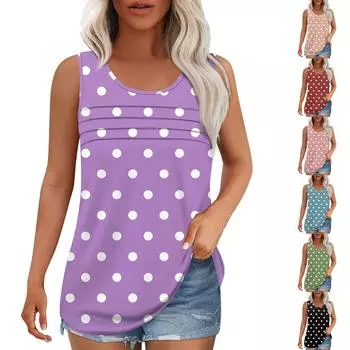 Майка для женщин Летние наряды Без рукавов Блузки с принтом Повседневные свободные рубашки Округлый вырез Складки спереди XL