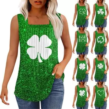 Майка для женщин летние наряды без рукавов St. Блузки с принтом ко Дню Святого Патрика, свободные рубашки в складку, квадратный вырез L