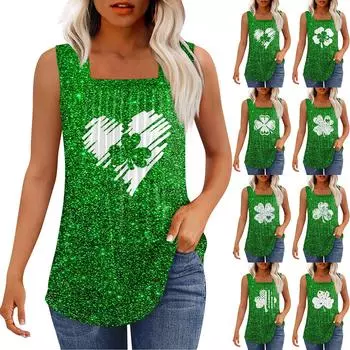 Майка для женщин летние наряды без рукавов St. Блузки с принтом ко Дню Святого Патрика, свободные рубашки в складку, квадратный вырез L зелёный