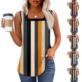 Майка для женщин Летние наряды Без рукавов Блузки с принтом Повседневные свободные рубашки Плиссированные квадратные вырезы L синий