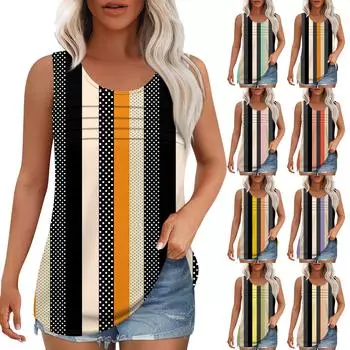 Майка для женщин Летние наряды Без рукавов Блузки с принтом Повседневные свободные рубашки Округлый вырез Складки спереди L светло-фиолетовый