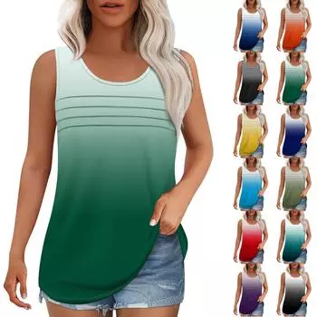 Майка для женщин Летние наряды Без рукавов Блузки с принтом Повседневные свободные рубашки Округлый вырез Складки спереди L чёрный