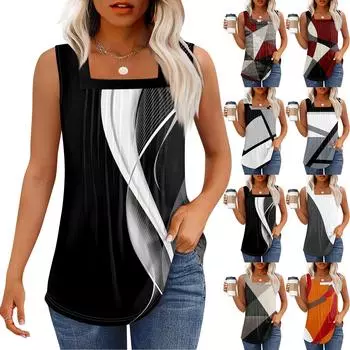 Майка для женщин Летние наряды Без рукавов Блузки с принтом Повседневные свободные рубашки Плиссированные квадратные вырезы L чёрный