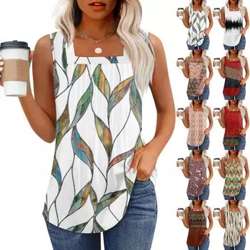 Майка для женщин Летние наряды Без рукавов Блузки с принтом Повседневные свободные рубашки Плиссированные квадратные вырезы XL розовый