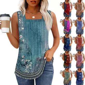Майка для женщин Летние наряды Без рукавов Блузки с принтом Повседневные свободные рубашки Плиссированные квадратные вырезы M синий