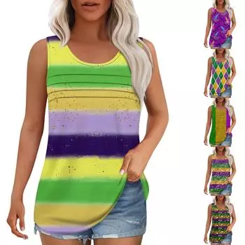 Майка для женщин Летние наряды Без рукавов Блузки с принтом Повседневные свободные рубашки Округлый вырез Складки спереди XXXL