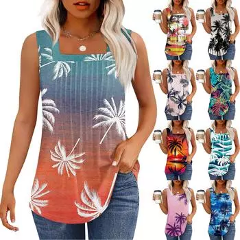 Майка для женщин Летние наряды Без рукавов Блузки с принтом Повседневные свободные рубашки Плиссированные квадратные вырезы M чёрный