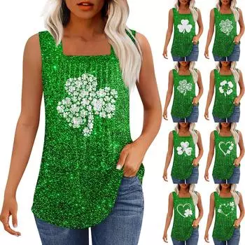 Майка для женщин летние наряды без рукавов St. Блузки с принтом ко Дню Святого Патрика, свободные рубашки в складку, квадратный вырез S