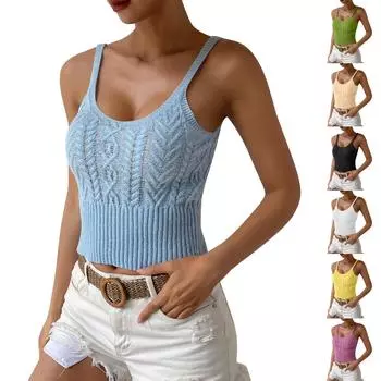 Майка для женщин, модные сексуальные летние топы, укороченный жилет с круглым вырезом, укороченный топ без рукавов S бежевый